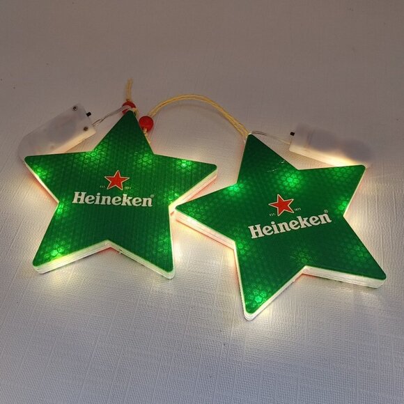 FUN HEINEKEN Beer Christmas Ornament STARS LIGHT UP PAIR - Picture 1 of 6